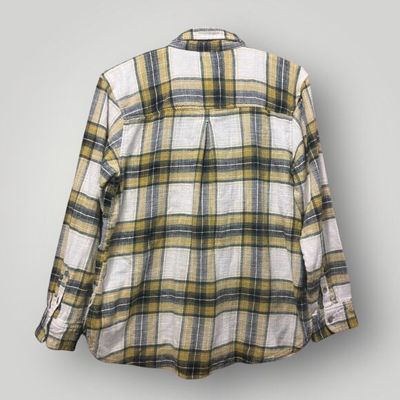 American Eagle Women’s Plaid Flannel Button Down Size Medium Boyfriend Fit Gold - Picture 2 of 13